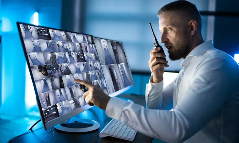 Security professional monitoring CCTV feeds in Massachusetts control room